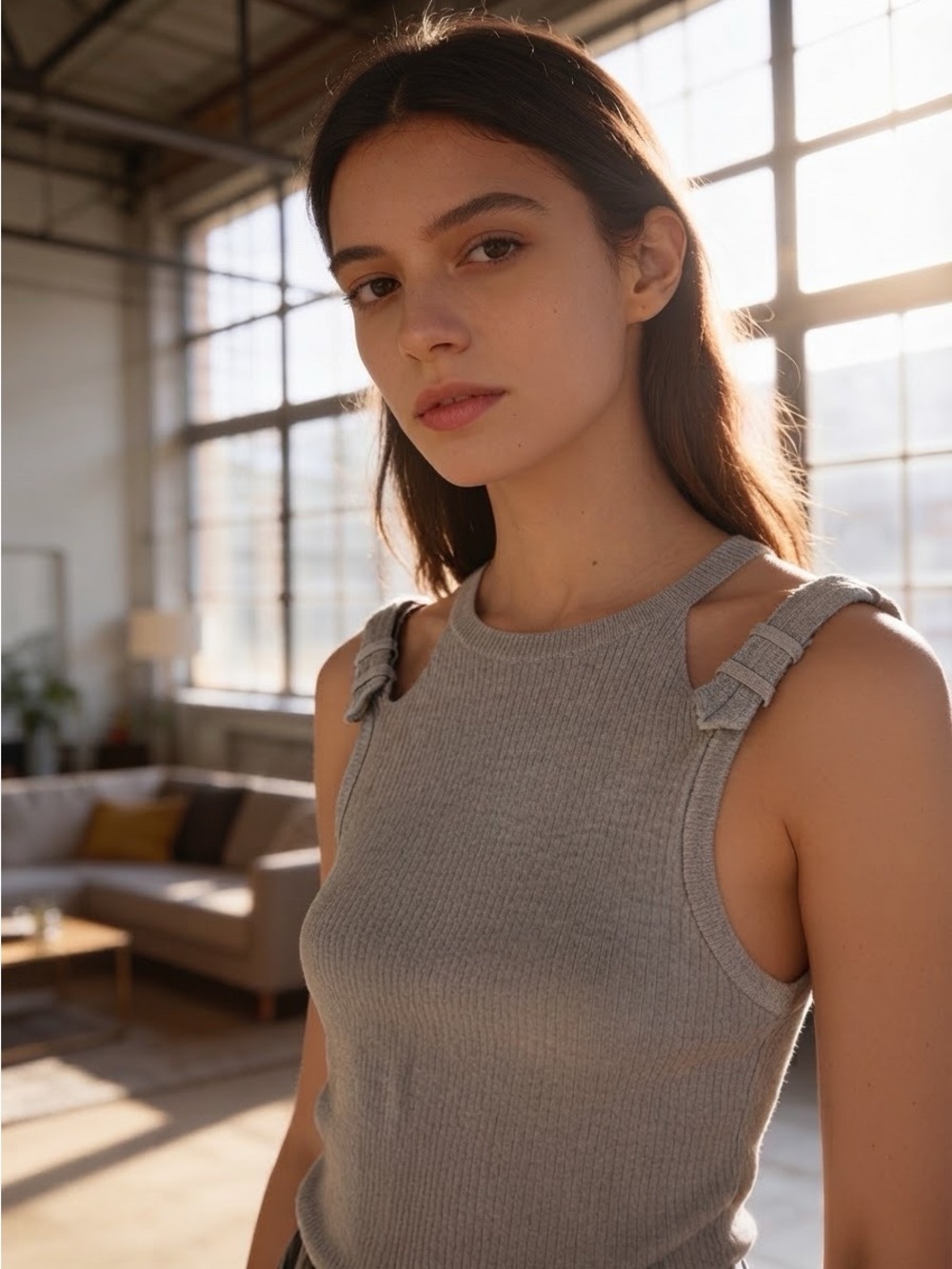 Zara Srpls Ribbed Gray Cold-Shoulder Tank with Knot Straps